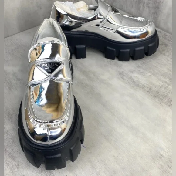 Prada Silver Metallic Platform Loafers